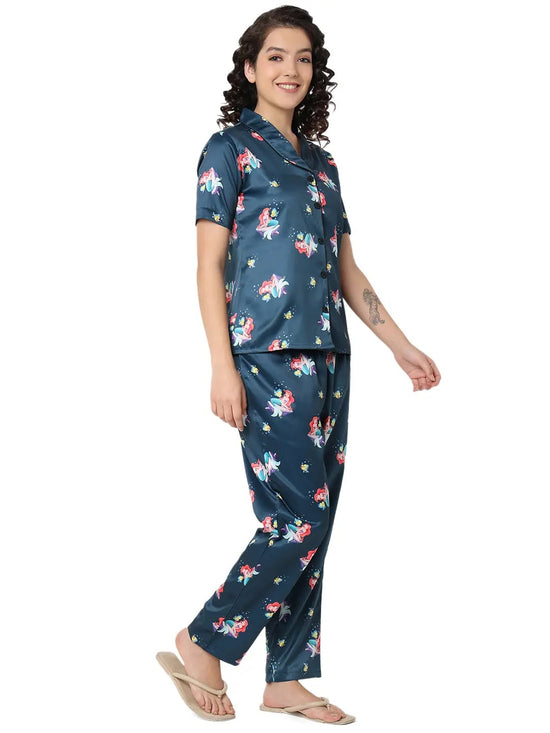 Smarty Pants Women's Silk Satin Teal Blue Color Mermaid Printed Night Suit