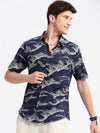 Men Spread Collar Floral Navy Blue Casual Shirt-HARVEN-2312-Navyblue