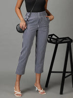 Women's Navy Blue Striped Formal Trouser-IM-9897-Navyblue