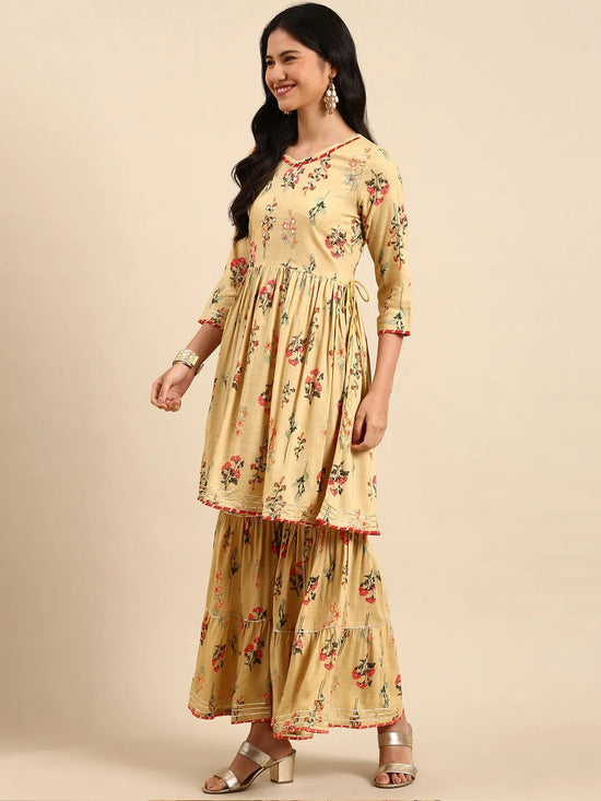 Women's Beige Printed Kurta Set-BCSK-1477-Beige