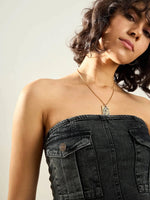 Women Black Washed Front Pocket Denim Tube Top