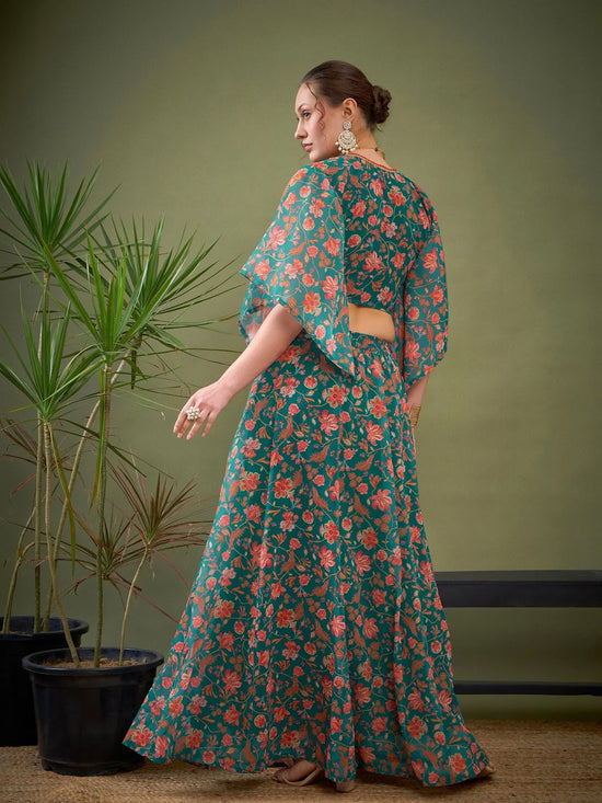 Women Teal Green Floral Anarkali Skirt With Crop Blouse