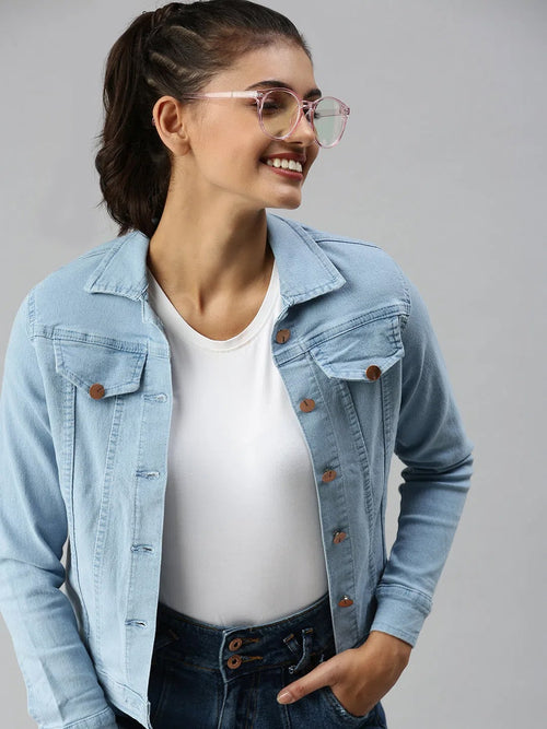 Women's Blue Solid Denim Jacket Jackets-AG-7901-Blue