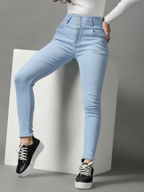 Women's Blue Solid Skinny Fit Denim Jeans-GZ-5352-Blue