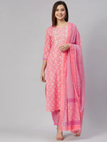 Ahika Women Pink Cotton Embroidered Straight Kurta Salwar Set With Dupatta