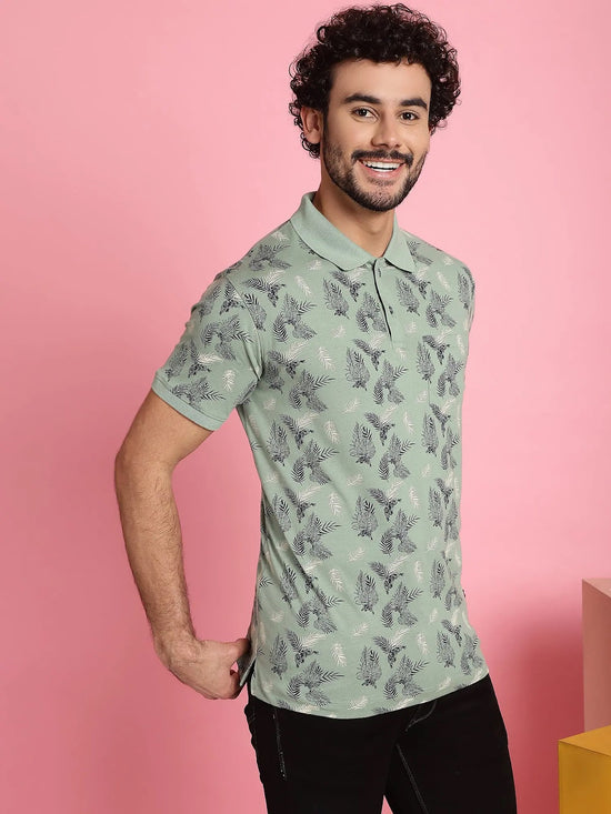 Venitian Men Mercerised Polo Neck All Over Printed Green T-Shirt With Pocket