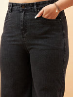 Women Black Acid Wash Hem Zipper Detail Straight Jeans