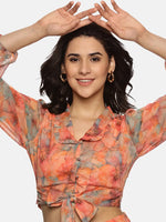 Floral Orange Front Tie-Knot Crop Top-17354