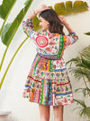 Women Multi Patch Printed Shawl Collar Tiered Dress