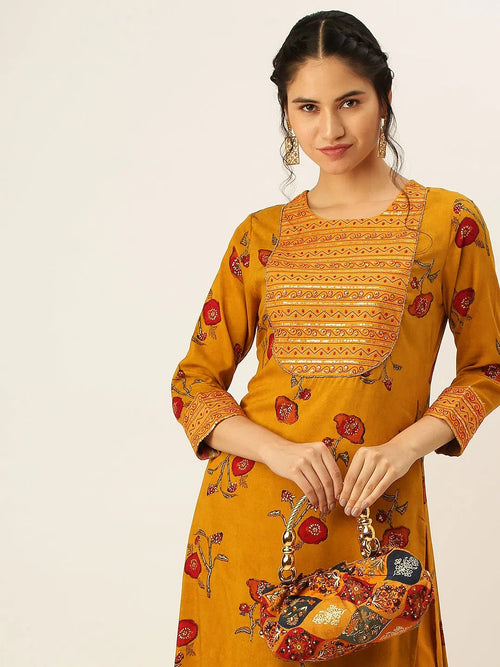 Women's Mustard Floral Kurta Set-GW-2399-Mustard