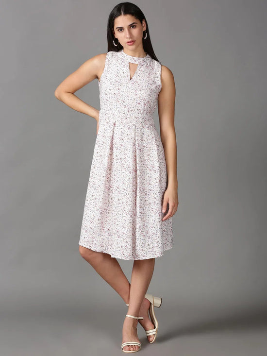 Women's White Floral Fit and Flare Dress-AE-15707-White