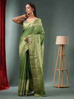 Green Blended Silk Handwoven Saree With Woven Zari Border-MA50BSL34830121