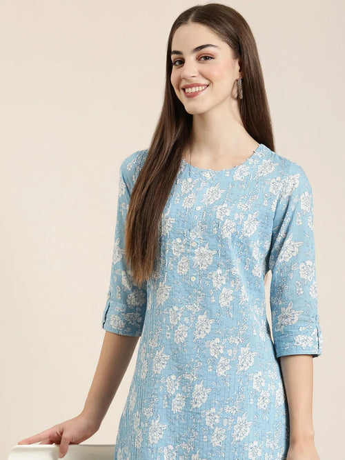 Women Blue Floral Straight Kurta-ON-0046-Blue