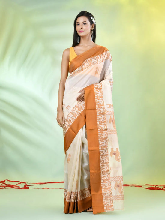 Off White Tussar Silk Saree With Woven Horse Designs-MA66TUS432810046