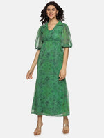 Floral Green Shirt Collared Maxi Dress-17347