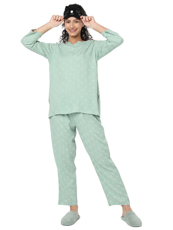 Smarty Pants Women's Cotton Pastel Green Polka Dot Print Night Suit