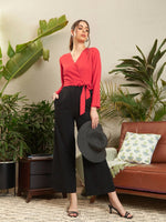 Women Red & Black V Neck Belted Wrap Jumpsuit