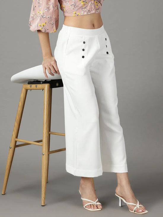 Women's White Solid Parallel Trouser-LT-KN-132-White