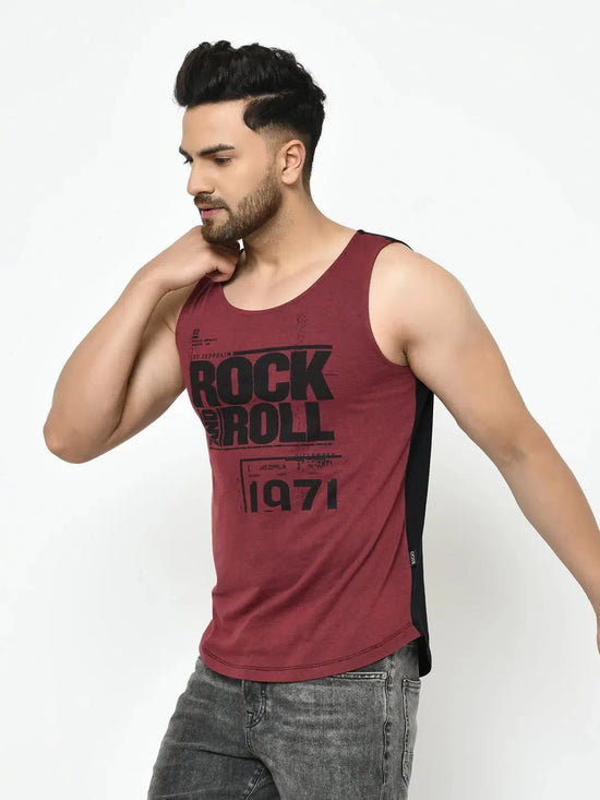 Rigo Maroon Black Placement Print With Curved Bottom Cotton Sleeveless T-Shirt Vest