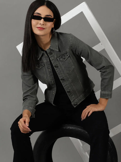 Women's Grey Solid Denim Jacket-AE-9512-2-Grey