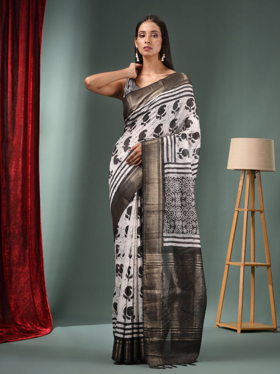 White Blended Silk Handwoven Saree With Zari Border-MA50BSL34830032