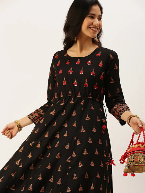 Women's Black Embroidered A-Line Kurtas-FS-2081-Black