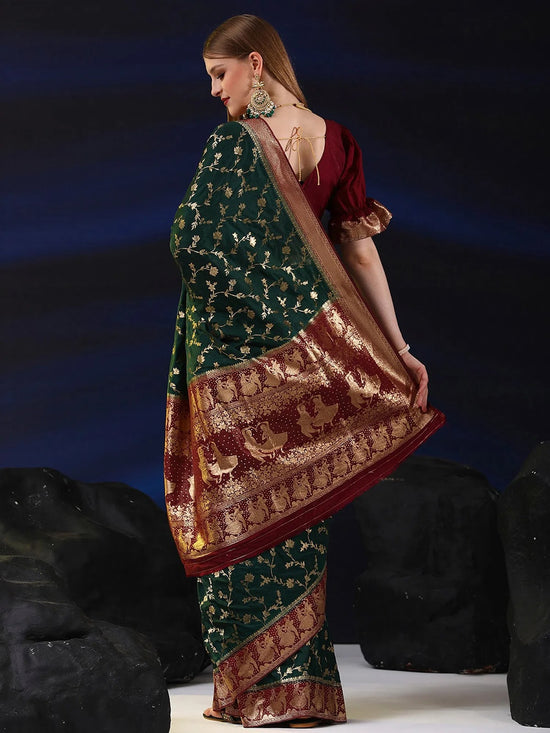 Saree Mall Women's  Blend Dark Green Woven Design Designer Saree With Blouse Piece-SGITRIUS03B