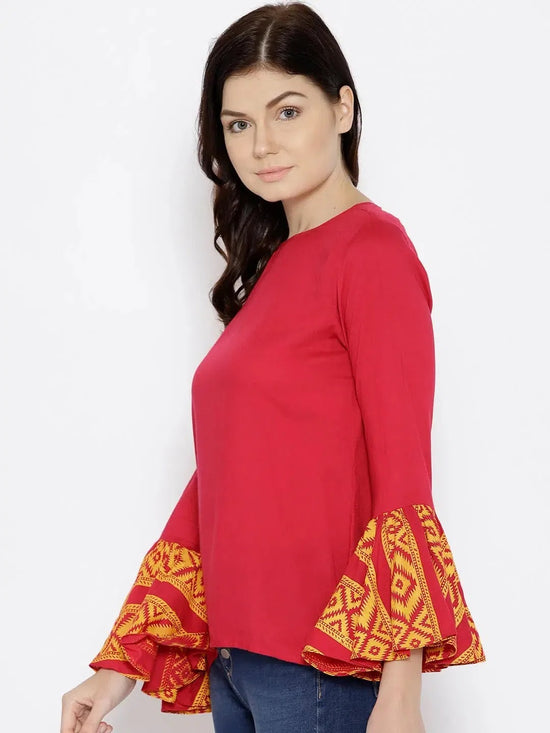 Ikat Printed bell sleeve boat neck top in Red