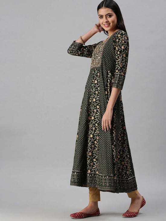 Women's Green & Gold Printed Anarkali Kurta-RF1394-Green-Gold