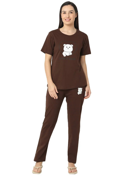 Smarty Pants Women's Cotton Lycra Brown Color Teddy Print Night Suit