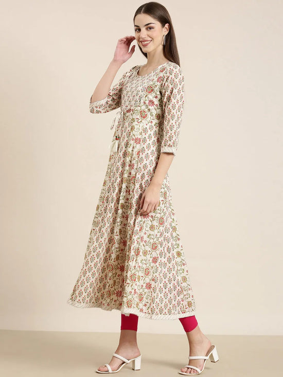 Women Cream Floral Anarkali Kurta-AT-A788-Cream