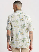 Men Spread Collar Animal Off White Casual Shirt-ZEPTO-2222-Offwhite