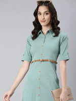 Women Sea Green Solid Shirt Dress-DF-4698-Seagreen