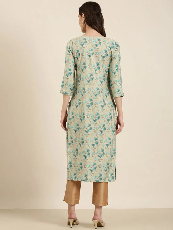 Women Sea Green Floral Straight Kurta-AT-A1076-K-Seagreen