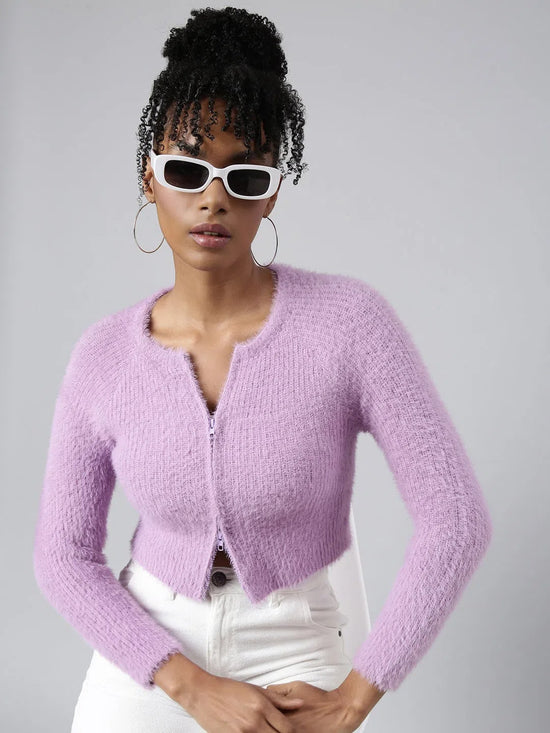 Women Solid Lavender Crop Cardigan-CHN-M5508-Lavender