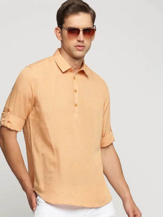 Men Orange Solid Shirt Collar Casual Short Kurta-LAGOM-2020-Orange