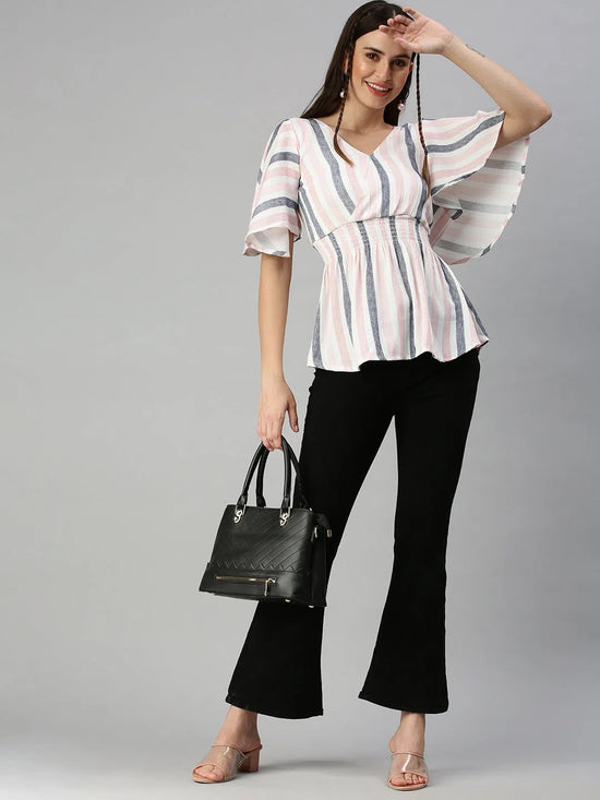 Women's Pink Striped Tops-AE-103004-Pinkwhite