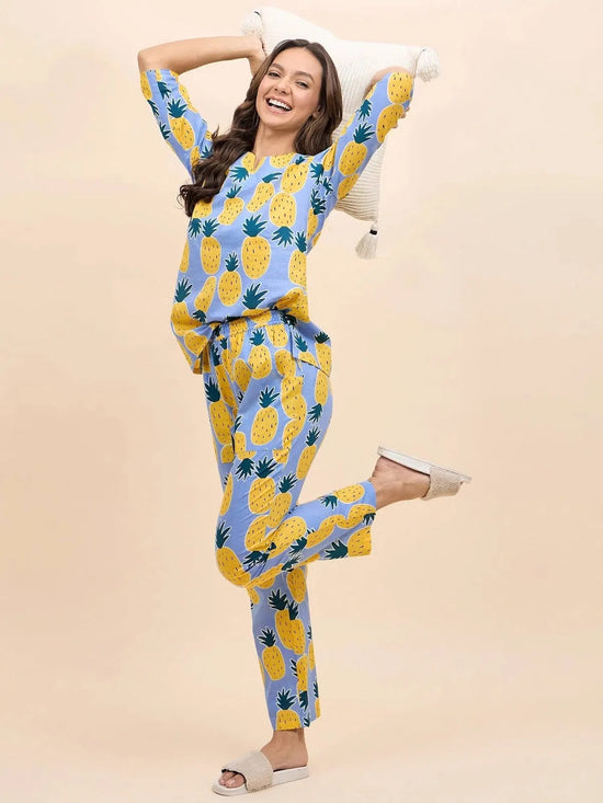 Kurta Pyjama Set in Blue and Yellow Pineapple Print