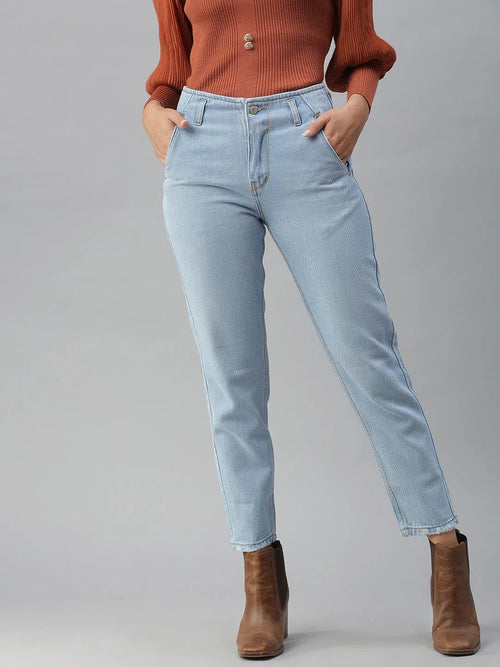 Women's Blue Solid Mom Fit Denim Jeans-GZ-5018A-Blue