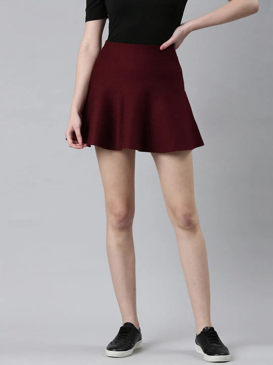 Women Burgundy Solid Flared Skirt-TG-A-984-Burgundy