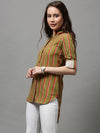 Women's Green Striped Longline Shirt-AE-10420-Olive