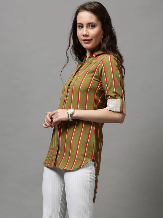 Women's Green Striped Longline Shirt-AE-10420-Olive