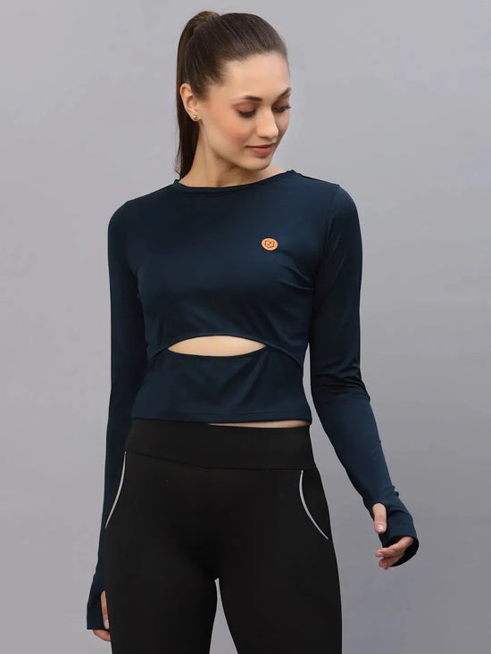 Rigo Blue Cut-Out Waist Round Neck Full Sleeve Activewear Crop Top