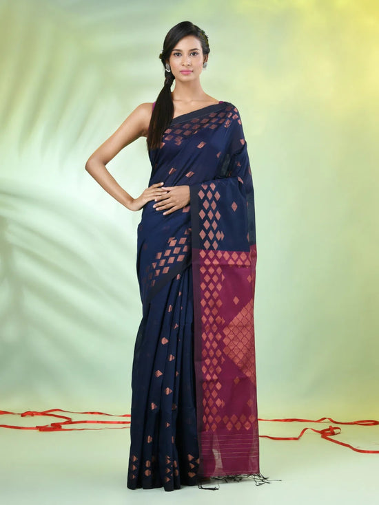 Navy Blue Cotton Saree With Geomatric Patterns-MA66BCT43830037