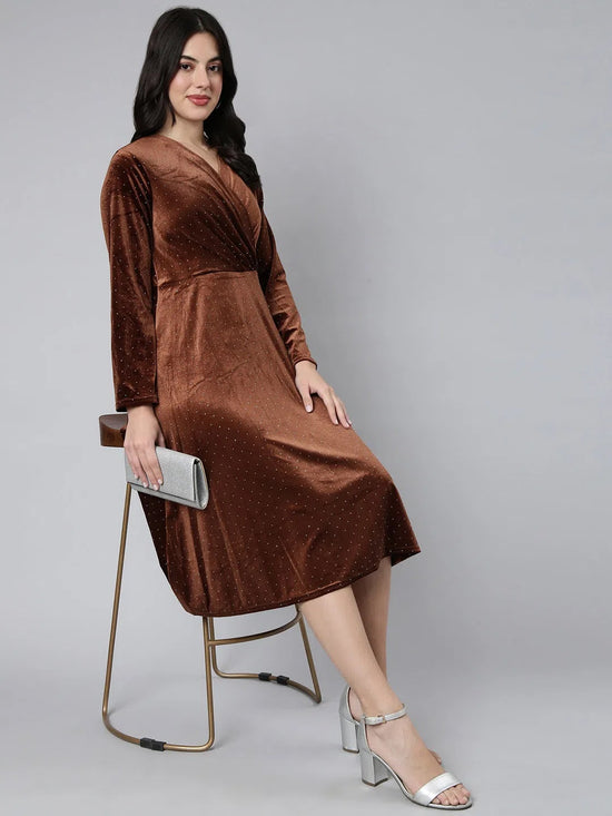 Women Embellished Brown A-Line Dress-308-Brown