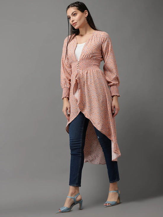 Women's Pink Printed High-Low Longline Top-AE-9945-Peach