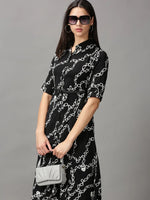 Women's Black Printed Fit and Flare Dress-AE-444131-Black