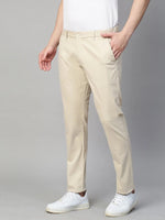 Genips Men's Cotton Stretch Caribbean Slim Fit Cream Color Solid Trousers