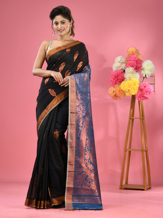 Black Cotton Blend Handwoven Saree With Paisley Motifs-MA51BCT431270011