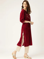 Maroon Zari Embroidery V-Slit Straight Velvet Kurta